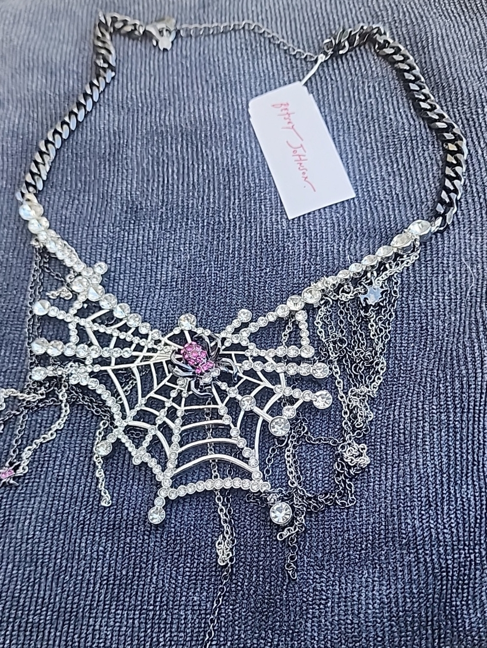 Betsey Johnson Silver Spiderweb Necklace with Pink Center Crystal